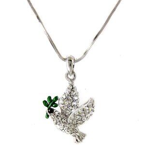 Silver Crystal Dove with Green Olive Branch Holy Spirit Pendant Charm Necklace
